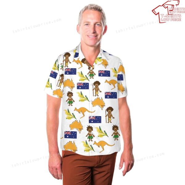 Happy Australia Day Kangaroo Map and Flag Golden Wattle Flowers Hawaiian Shirt Happy Australia Day Kangaroo Map and Flag Golden Wattle Flowers Hawaiian Shirt