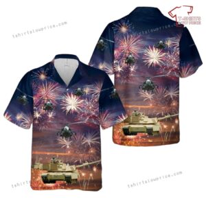 US Army M1 Abrams Main Battle Tank and a AH-64 Attack helicopter Firework Hawaiian Shirt