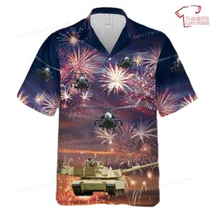 US Army M1 Abrams Main Battle Tank and a AH-64 Attack helicopter Firework Hawaiian Shirt