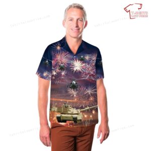 US Army M1 Abrams Main Battle Tank and a AH 64 Attack helicopter Firework Hawaiian Shirt 3