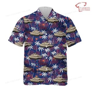 US Army M1A2 Abrams Tank Fireworks With Palm Trees Hawaiian Shirt