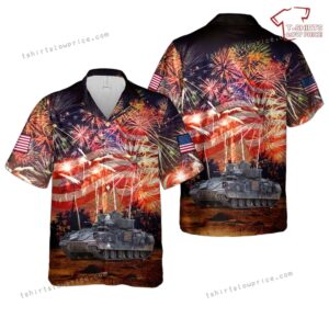 US Army M1128 Mobile Gun System Of Palehorse Troop, 4th Squadron, 2nd Cavalry Regiment, 4th Of July Hawaiian Shirt US Army M1128 Mobile Gun System Of Palehorse Troop, 4th Squadron, 2nd Cavalry Regiment, 4th Of July Hawaiian Shirt