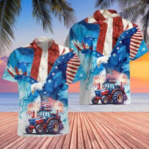 4th July Farm Tractor American Flag Fireworks Hawaiian Shirt