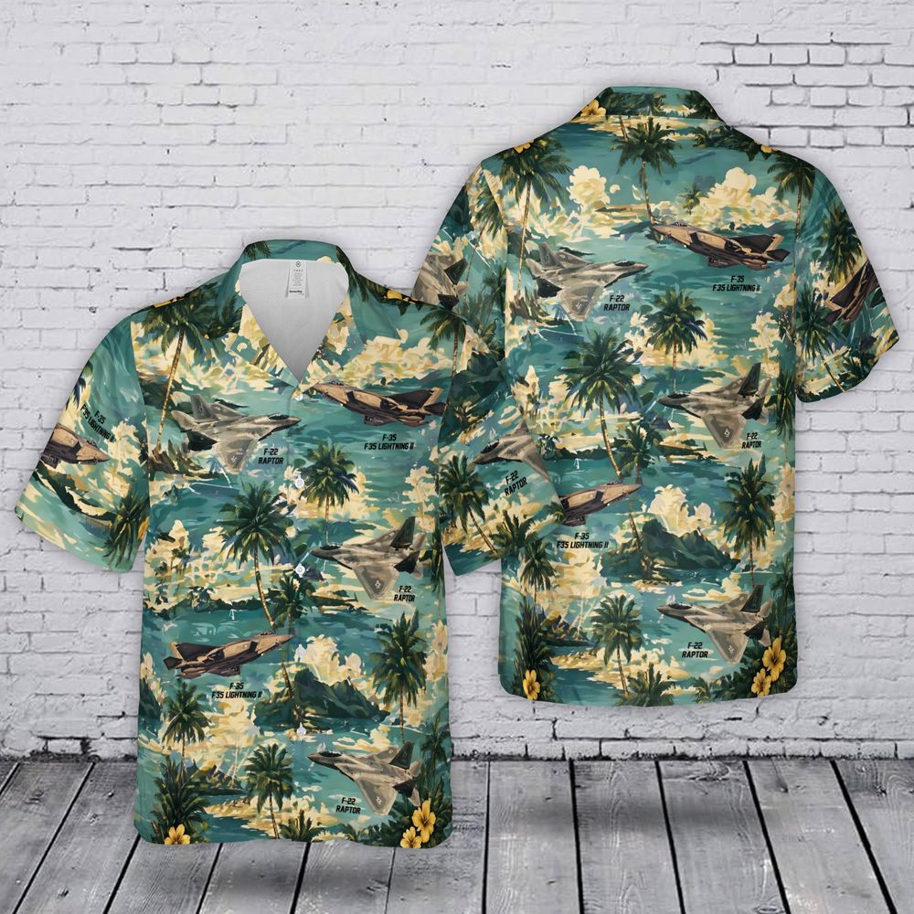 USAF F-22 Raptor & F-35 Lightning II Tropical Hawaiian Shirt USAF F-22 Raptor & F-35 Lightning II Tropical Hawaiian Shirt